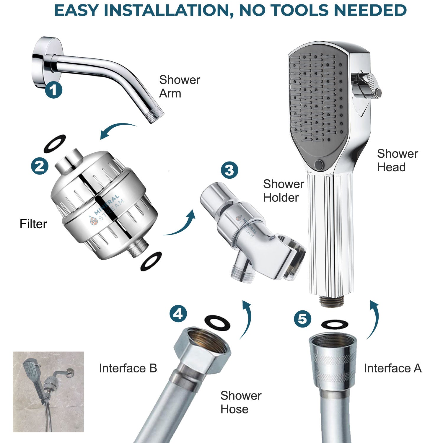 مجموعة الدش الكاملة لرأس الدش المشط لفك تشابك الشعر
