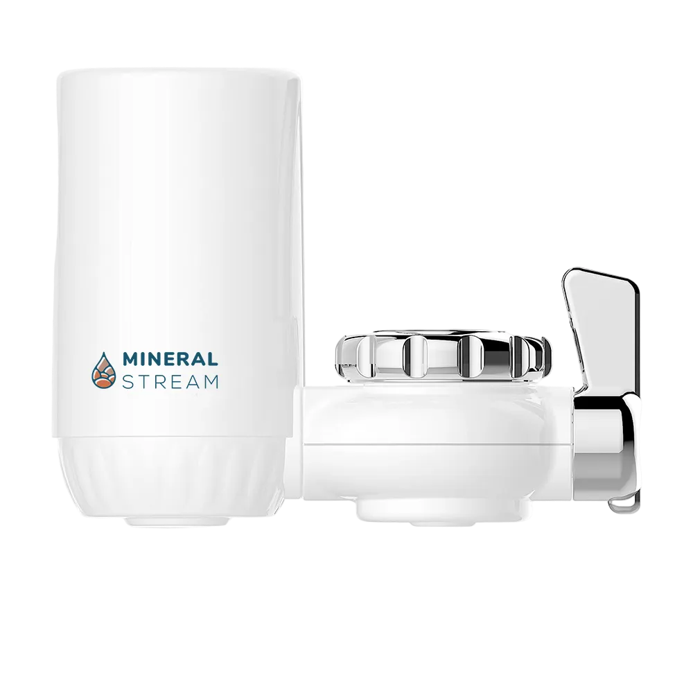 MineralStream Advanced Faucet Water Filter front view of the tap-mounted filter housing